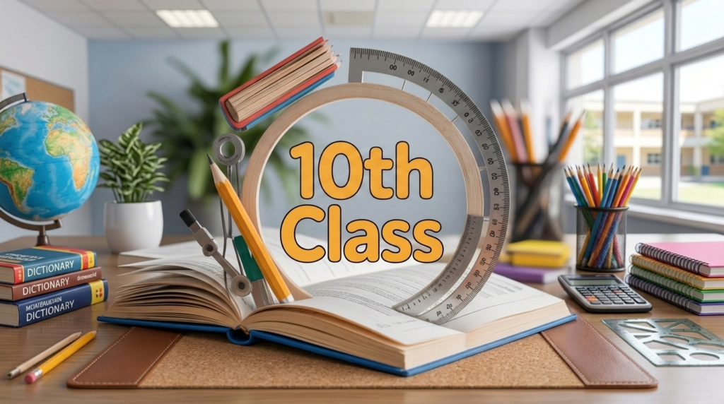 10th Class Notes 2026 with books, geometry instruments, globe, calculator, and classroom study materials on a desk.