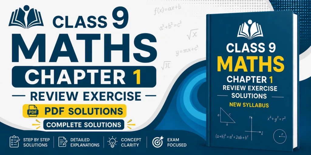 Class 9 Maths Chapter 1 Review Exercise Solutions PDF cover with complete step-by-step answers and new syllabus guide.